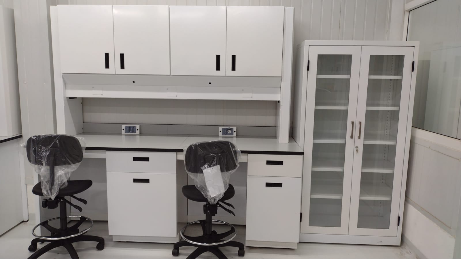Laboratorio Golden Foods: estaciones gemelas con gabinete alto y vitrina acristalada