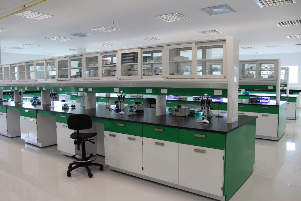 Amplio laboratorio de investigación con islas centrales verdes, cubiertas negras, microscopios y almacenamiento superior con vitrinas.
