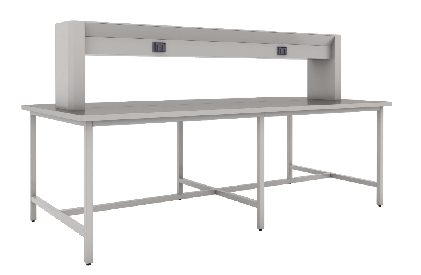 Mesa de laboratorio económica con cubierta de acero inoxidable resistente, estructura metálica y diseño modular para futura expansión