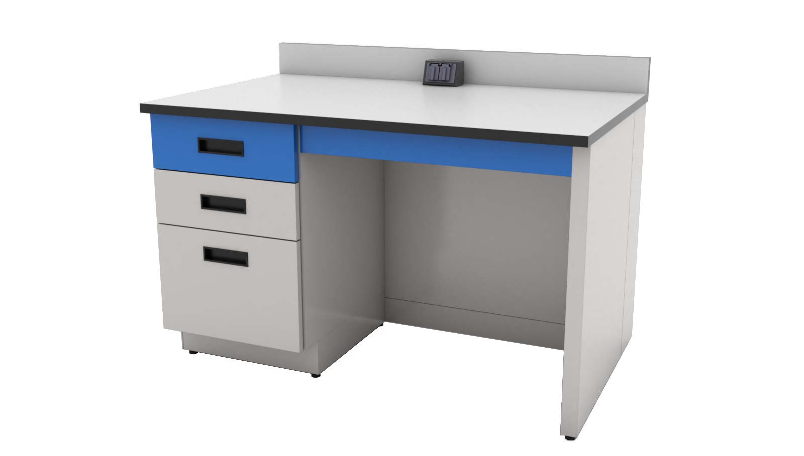 Mesa de reporteo para laboratorio, con cubierta de laminado plástico, gabinetes con cajones y amplios espacios de trabajo ergonómicos