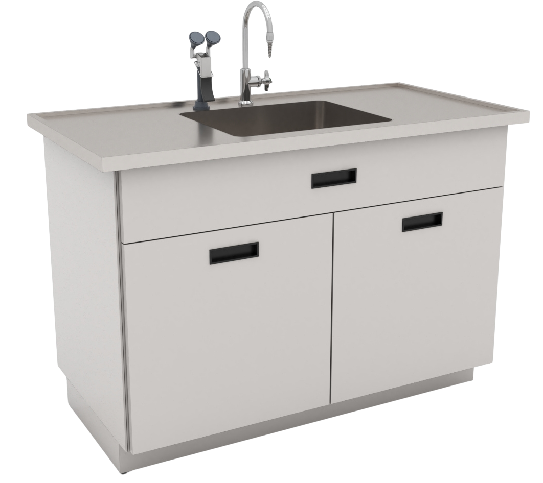 Mesa de laboratorio con tarja de acero inoxidable tipo isla, montada sobre gabinete porta tarja, ideal para áreas de lavado