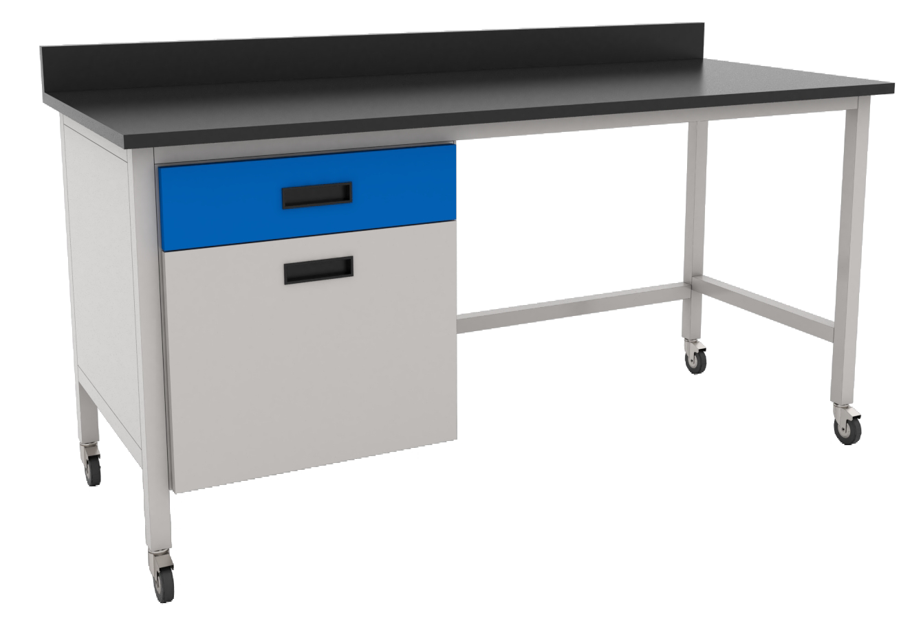 Mesa de laboratorio móvil y versátil con ruedas de seguridad, cubierta de resina fenólica y gabinete suspendido para optimización del espacio de trabajo.