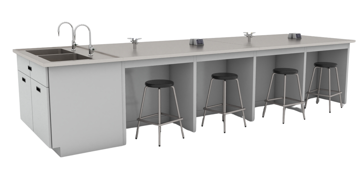 Mesa isla de laboratorio con cubierta de acero inoxidable, ideal para áreas académicas con múltiples espacios de trabajo y tarja para lavado de material