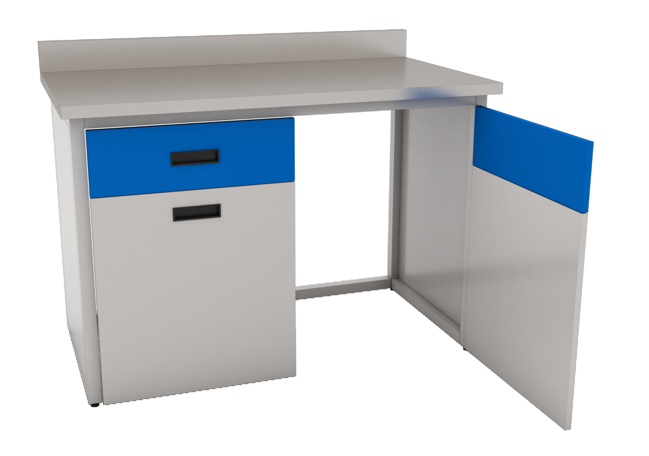 Mesa de laboratorio con almacenamiento a nivel de piso, diseñada para equipos de recirculación con acceso deslizable