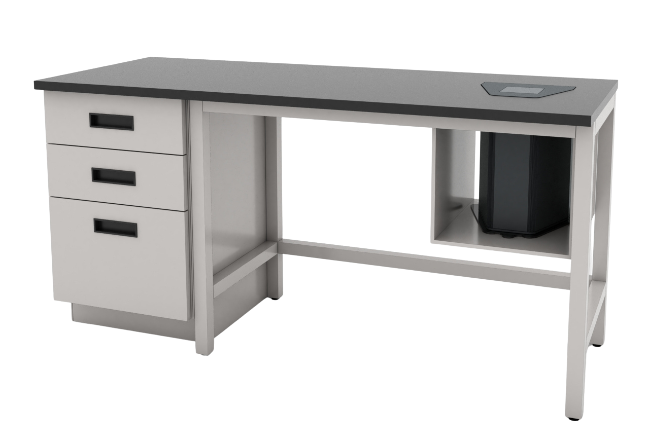 Mesa de laboratorio para microscopio para análisis de soldaduras, con orificio en cubierta, diseño ergonómico que optimiza la postura del analista
