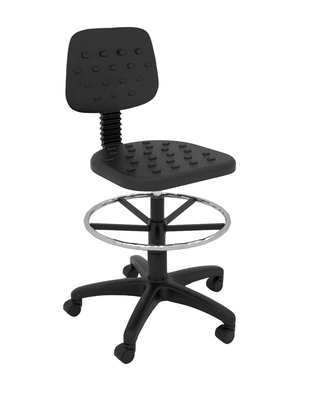 Silla alta de laboratorio giratoria con asiento y respaldo de poliuretano, ajuste neumático de altura y aro descansa pies cromado