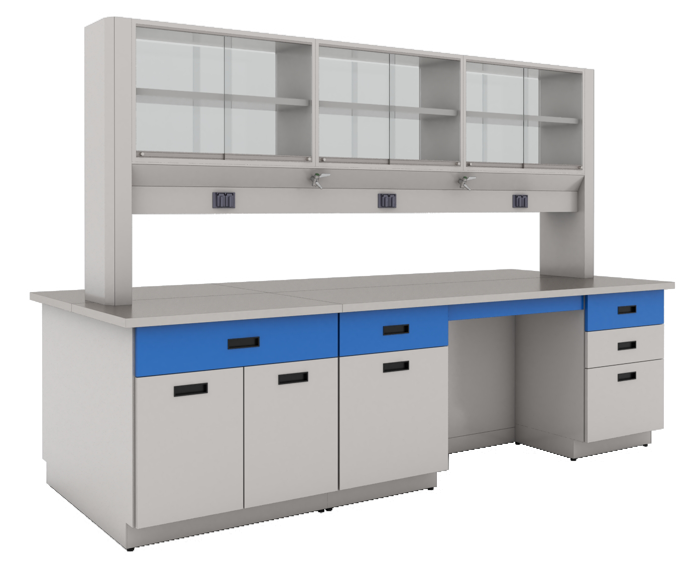 Mesa isla de laboratorio de alto desempeño con cubierta de acero inoxidable, repisa puente, vitrinas de doble acción y puntos de servicio, ideal para investigación