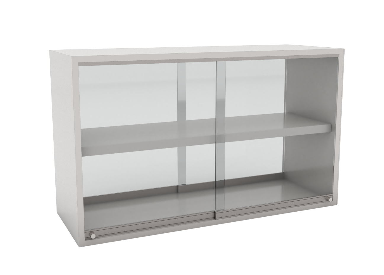 Vitrina de laboratorio doble acción para repisa puente con puertas corredizas de vidrio templado y entrepaño ajustable, ideal para muestras