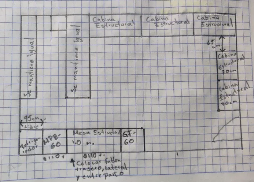 Croquis a mano del cliente con anotaciones de cabinas estructurales, medidas en cm y voltajes 110V