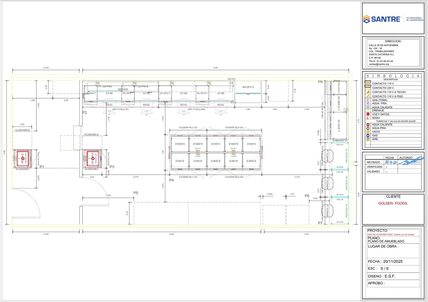 Plano de amueblado firmado del laboratorio Golden Foods, con simbología técnica completa