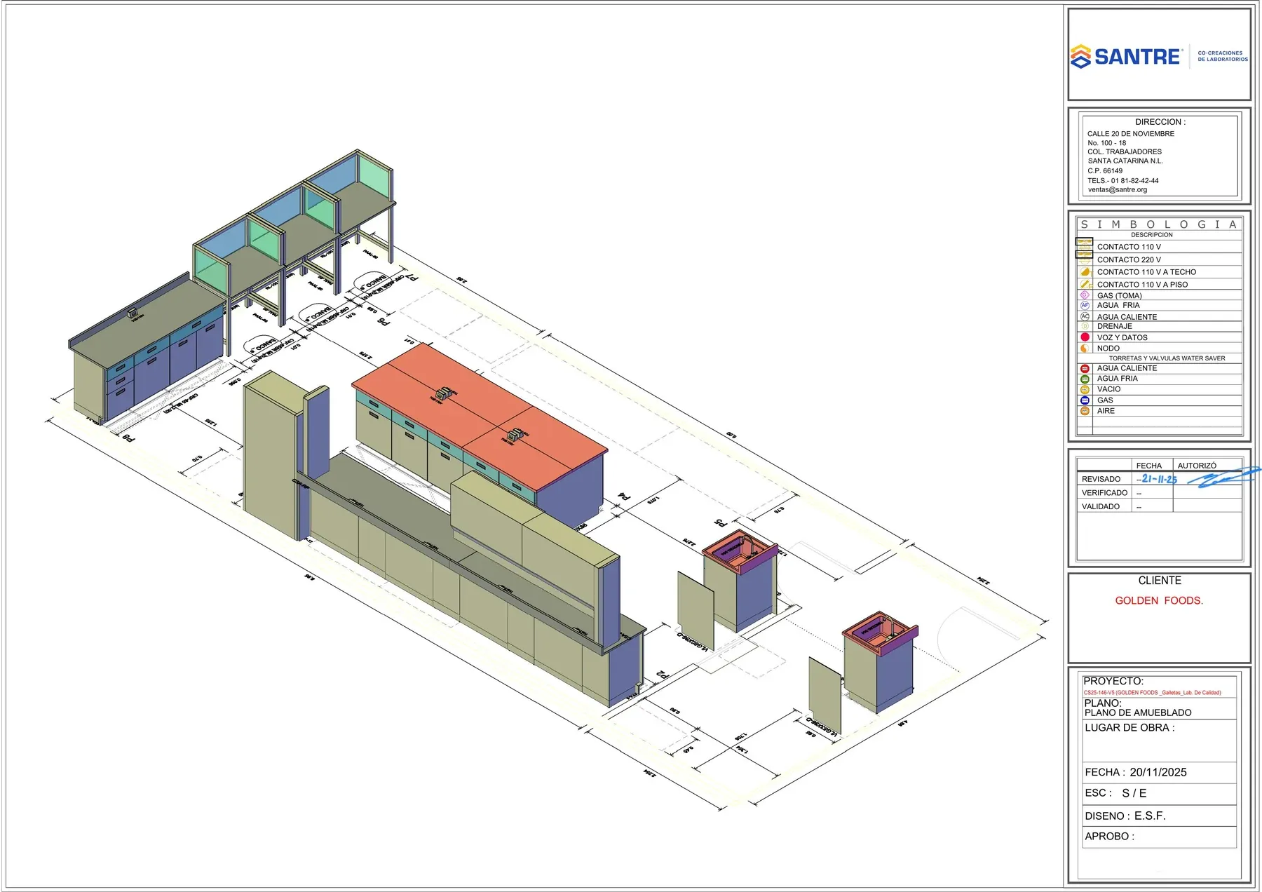 Vista isométrica 3D técnica del laboratorio Golden Foods con disposición de cabinas, isla y vitrinas