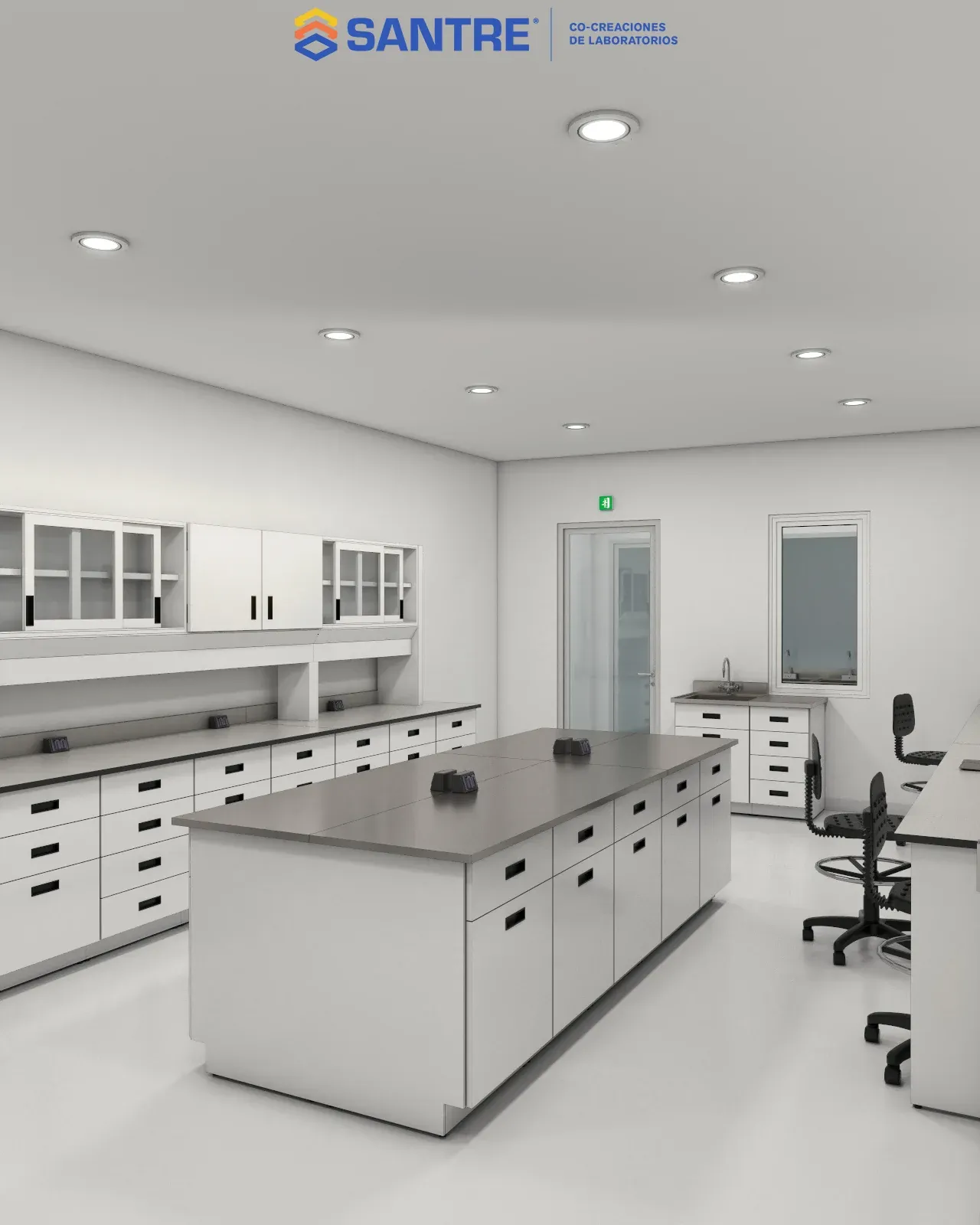 Render fotorrealista del laboratorio Golden Foods con isla central, vitrinas y estaciones a muro