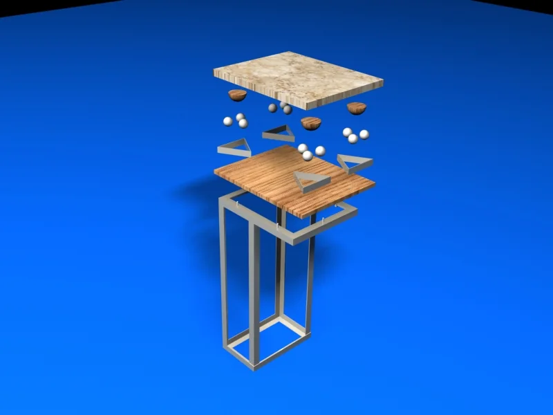 Vista explotada del sistema antiguo de mesa para balanza: granito, medias esferas de madera, pelotas de golf, MDF y estructura metálica