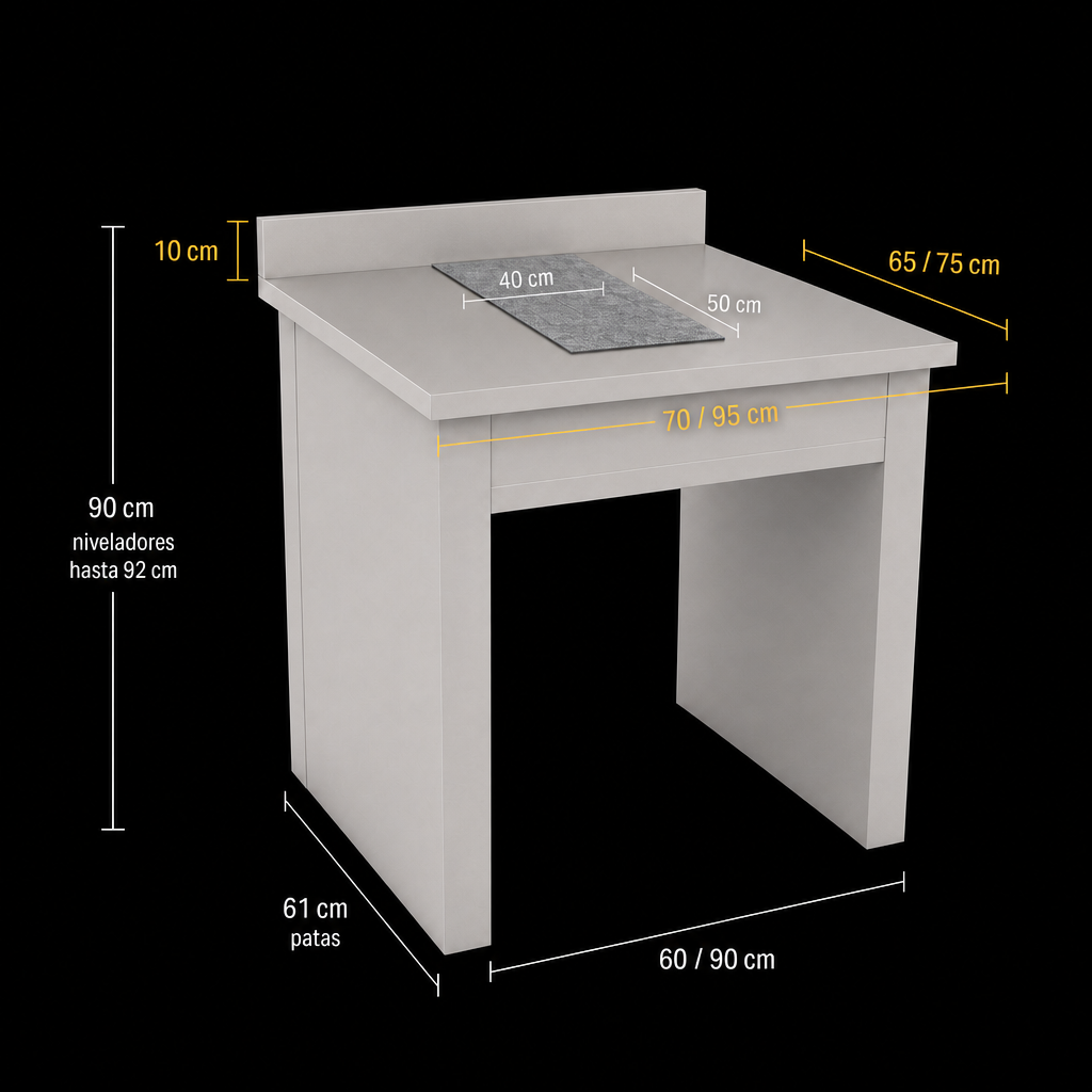 Render acotado de mesa antivibratoria para balanza Santre MPB: estructura 60 o 90 cm de frente, cubierta 70 o 95 cm con bolado, fondo 65 o 75 cm, patas 61 cm, alto 90 a 92 cm, bloque de pesaje 40 cm de frente por 50 cm de fondo