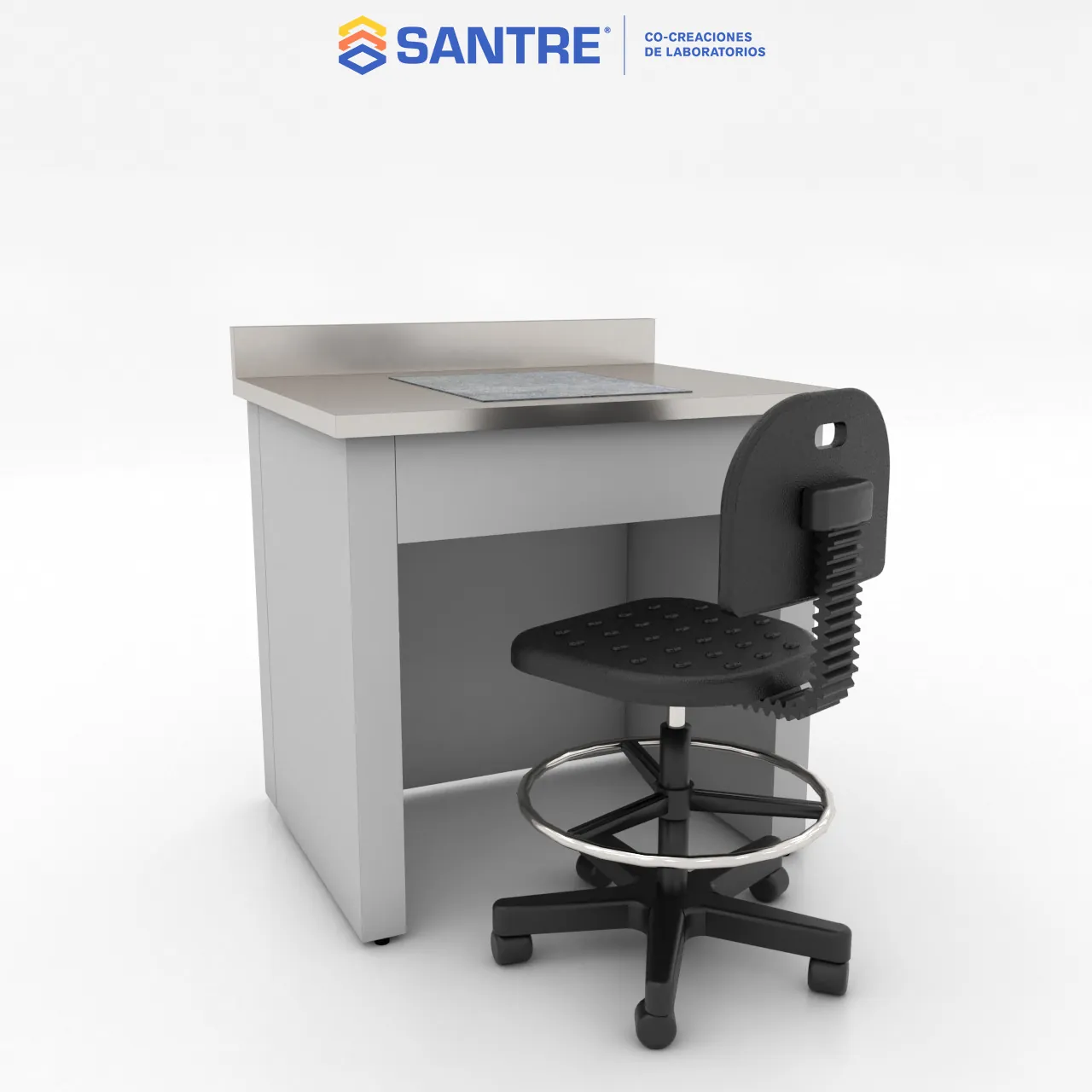 Render de mesa para balanza Santre MPB con silla — trabajo sentado ergonómico