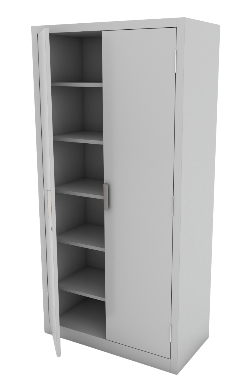 Armario de laboratorio con 5 entrepaños ajustables y dos puertas abatibles metálicas con cerradura, ideal para muestras y reactivos inertes