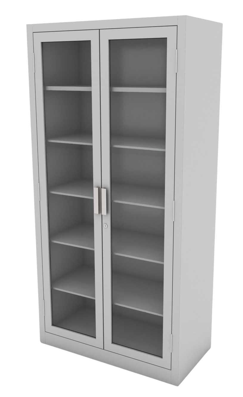 Armario de laboratorio con 5 entrepaños ajustables y dos puertas abatibles de cristal con cerradura, ideal para muestras y reactivos inertes
