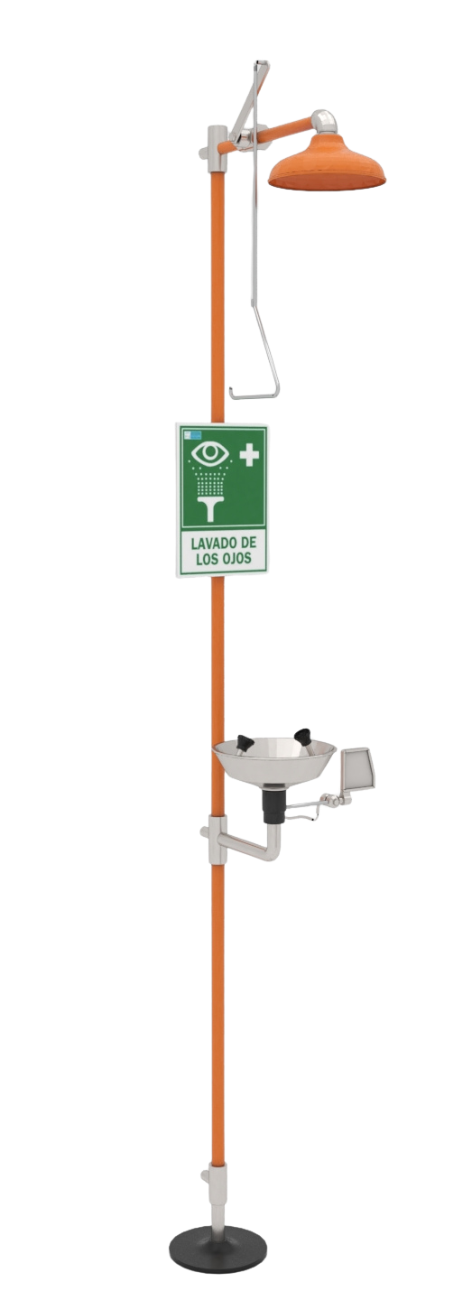 Estación de emergencia de seguridad con regadera y lavaojos para respuesta inmediata en laboratorios e industria.