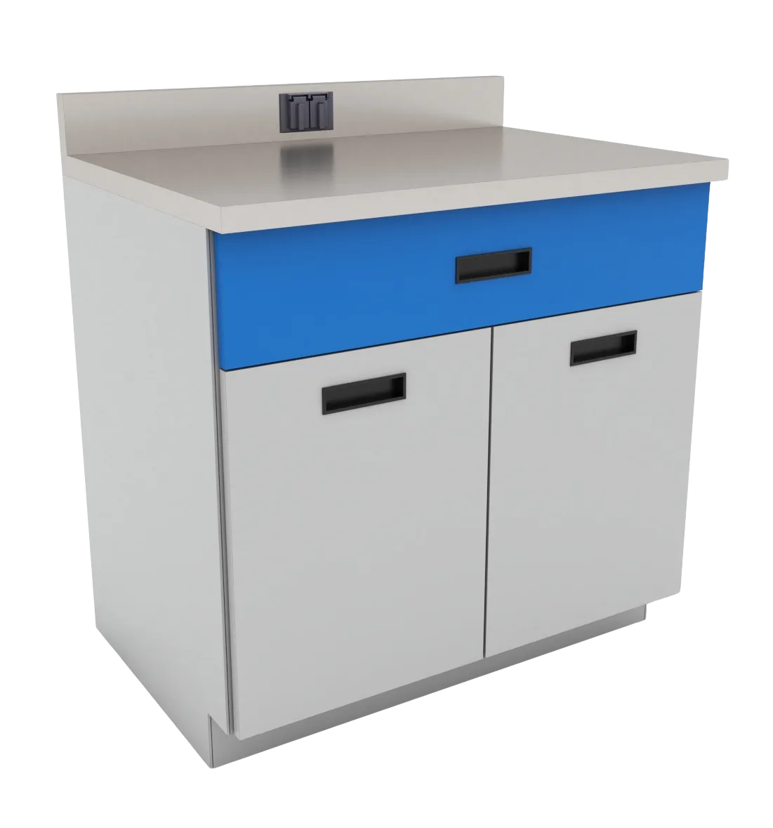 Gabinete de piso para laboratorio modelo GC-90-E-T, con dos puertas de cierre suave, fabricado en lámina galvanizada resistente a la corrosión.