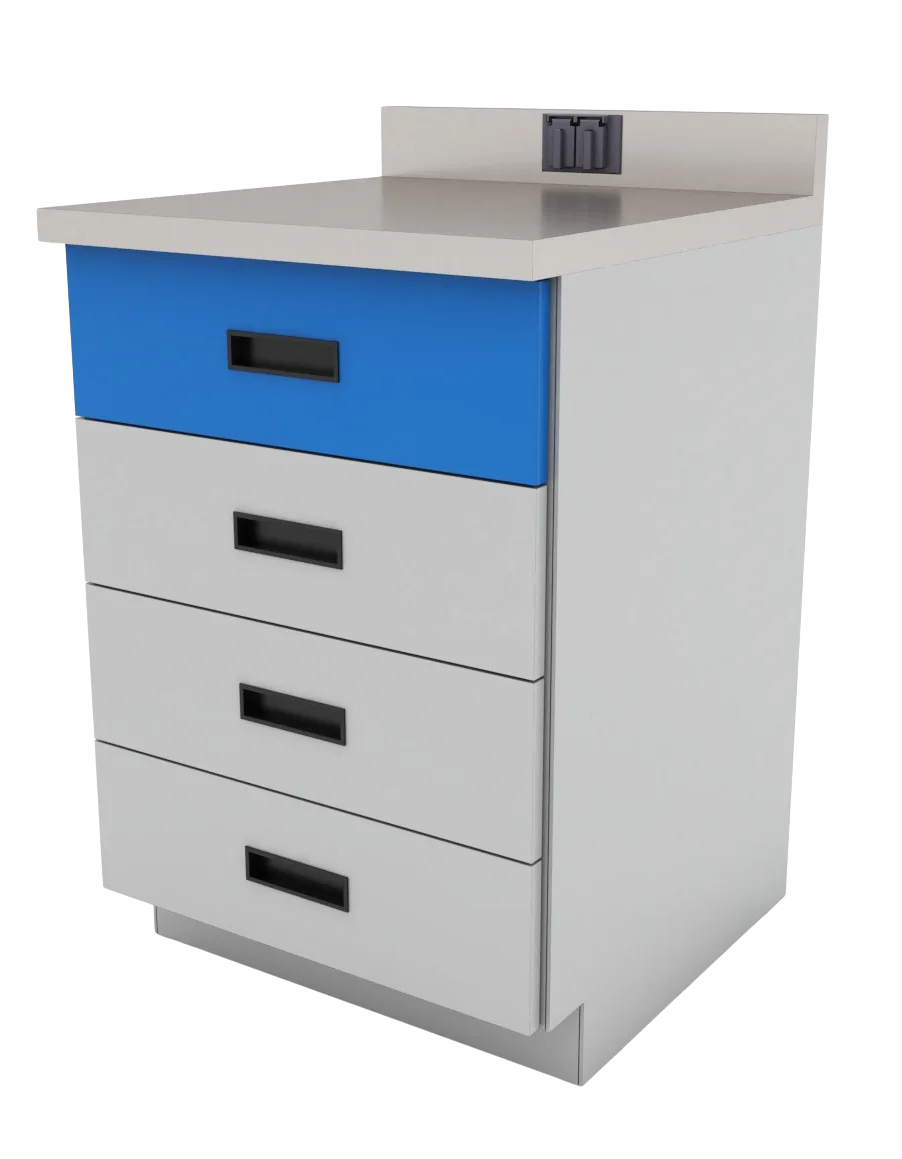 Gabinete de piso para laboratorio G4C-60-E-T, con cuatro cajones de cierre suave, fabricado en lámina galvanizada resistente a la corrosión.