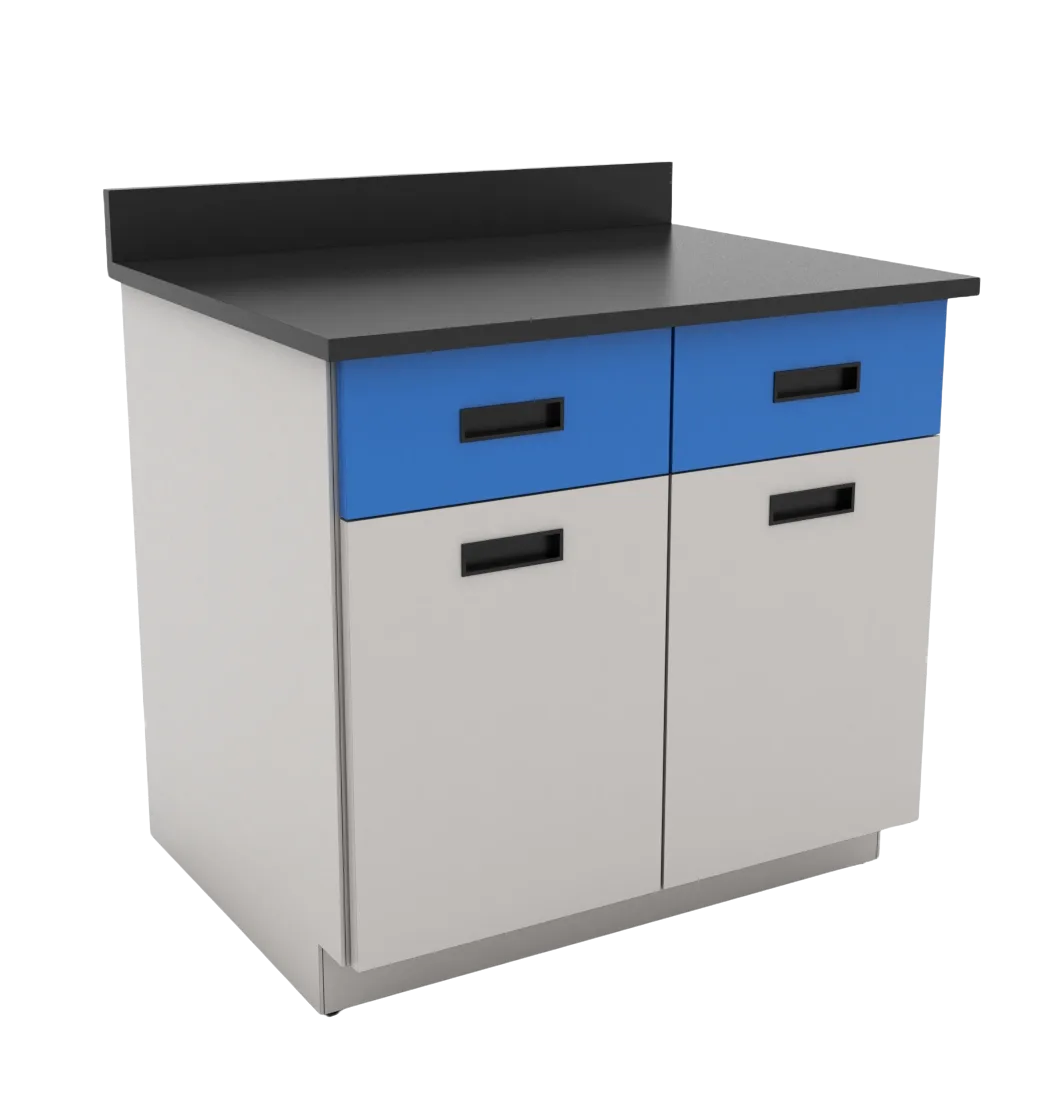 Gabinete de piso para laboratorio modelo G-90-E, con dos puertas y entrepaño interior, fabricado en lámina galvanizada resistente a la corrosión.