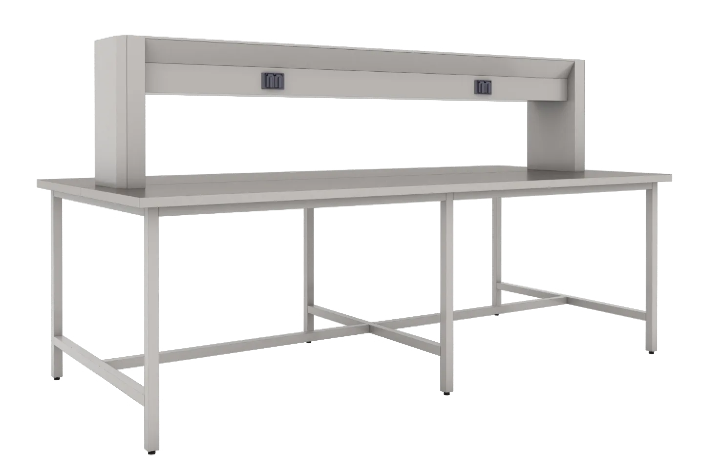Mesa de laboratorio económica con cubierta de acero inoxidable resistente, estructura metálica y diseño modular para futura expansión