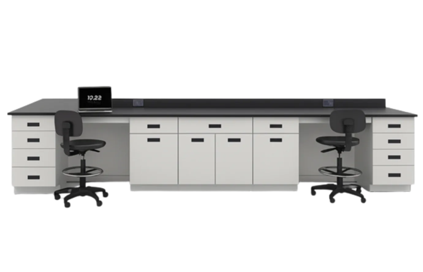 Mesa modular fija con gabinetes a piso para laboratorio, fabricado por Santre Industrial en CDMX, Estado de México, Puebla, Morelos, Hidalgo, Tlaxcala y Querétaro