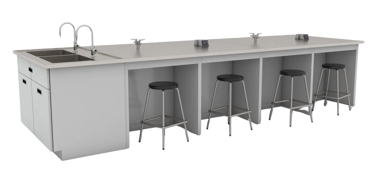 Isla central de laboratorio con cubierta de acero inoxidable y servicios integrados, fabricado por Santre Industrial en CDMX, Estado de México, Puebla, Morelos, Hidalgo, Tlaxcala y Querétaro