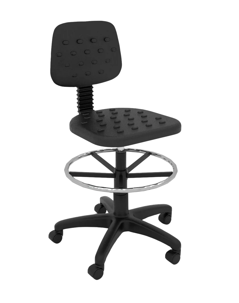 Silla alta de laboratorio giratoria con asiento y respaldo de poliuretano, ajuste neumático de altura y aro descansa pies cromado