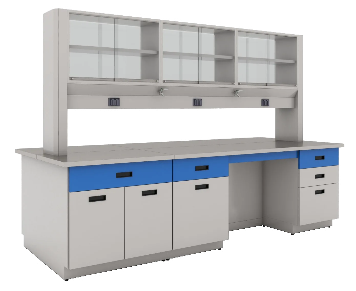 Estación de trabajo completa con mesa, gabinete y repisa puente para laboratorio, fabricado por Santre Industrial en CDMX, Estado de México, Puebla, Morelos, Hidalgo, Tlaxcala y Querétaro